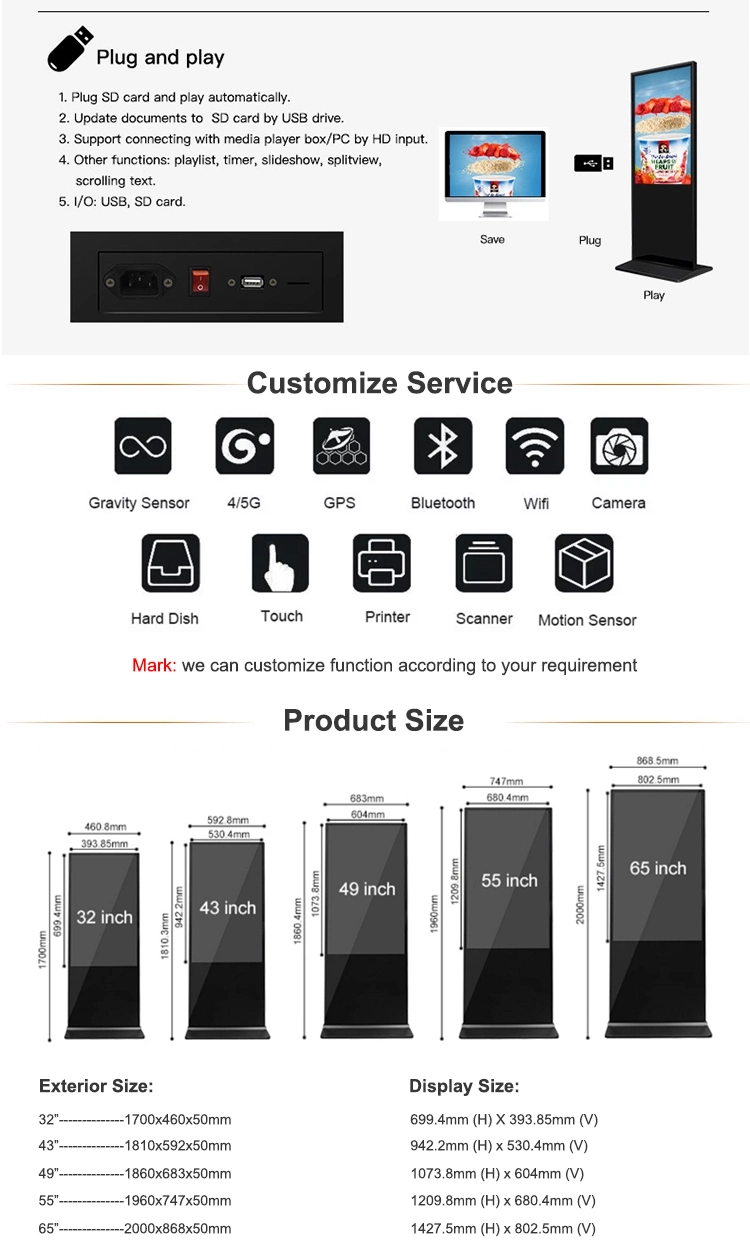 Stand TFT LCD Digital Signage Media Video Player Advertising Display